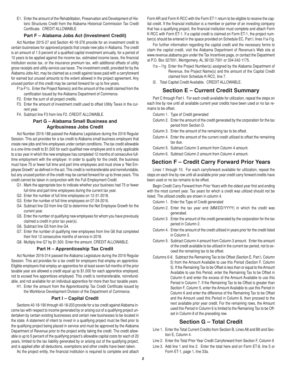 Instructions for Form ET-1 Schedule EC Business Credits - Alabama, Page 2