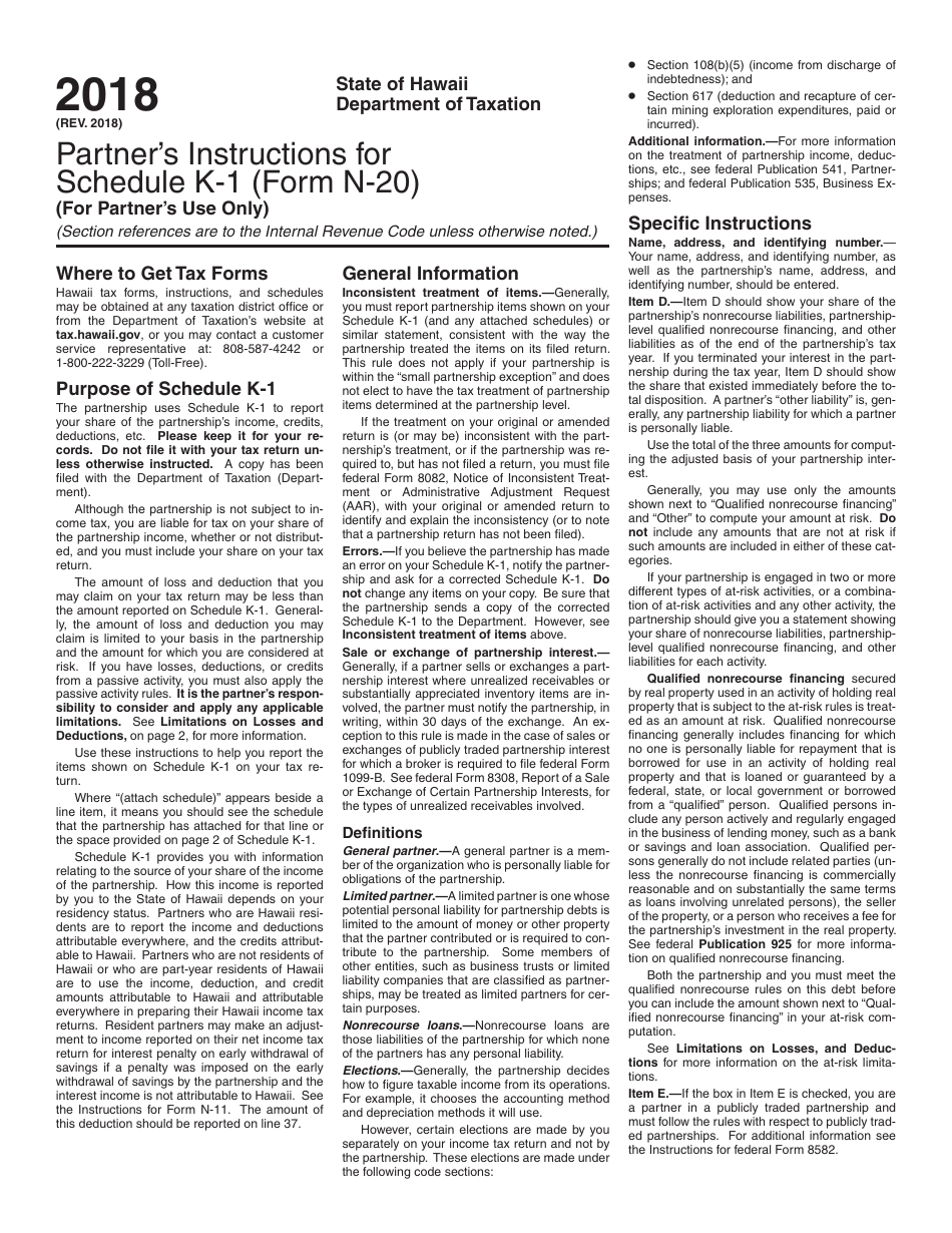 Instructions for Form N-20 Schedule K-1 Partners Share of Income, Credits, Deductions, Etc. - Hawaii, Page 1