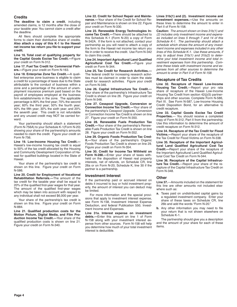 Instructions for Form N-20 Schedule K-1 Partners Share of Income, Credits, Deductions, Etc. - Hawaii, Page 4