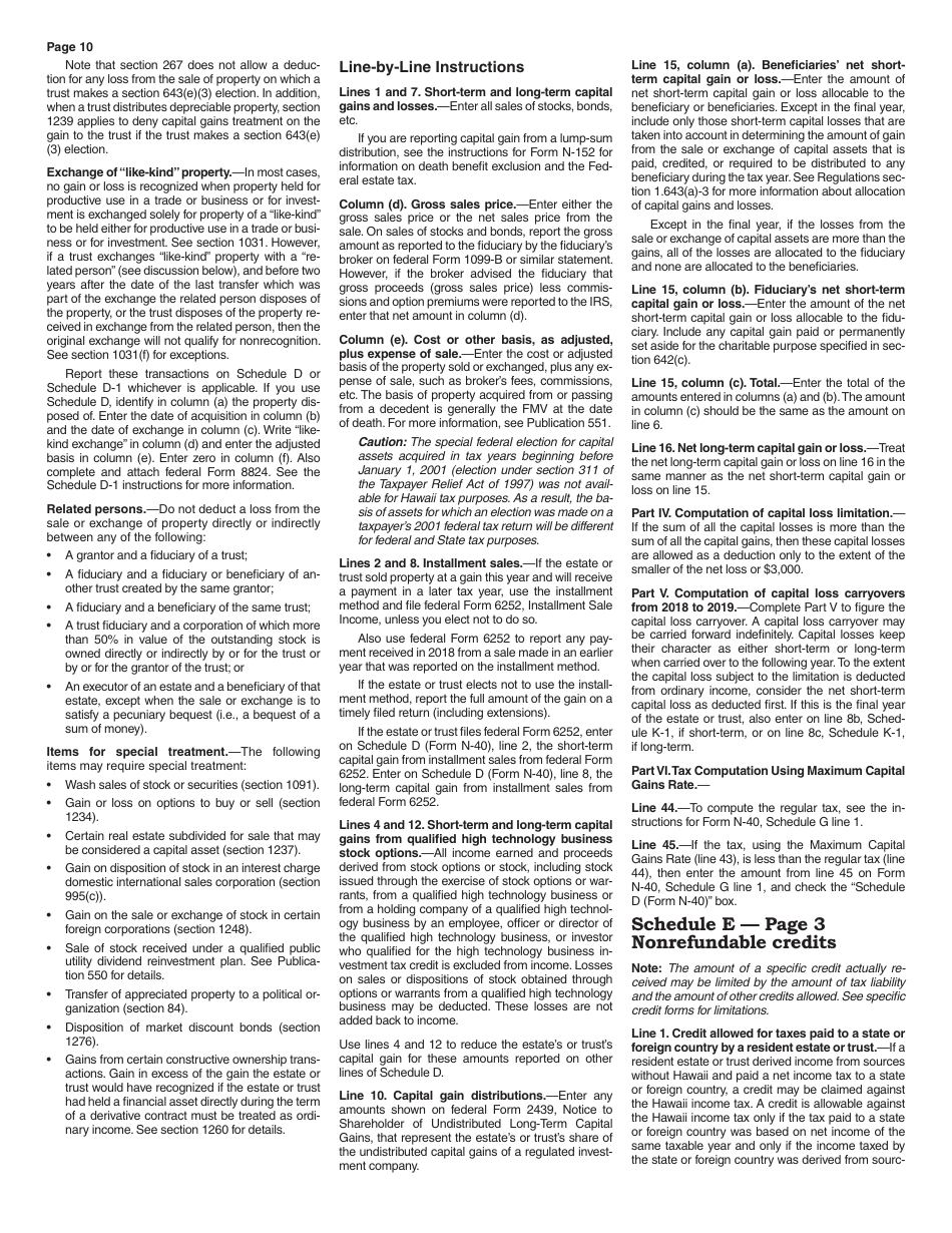 Instructions for Form N-40 Schedule A, B, C, D, E, F, G, J, K-1 Fiduciary Income Tax Return - Hawaii, Page 10