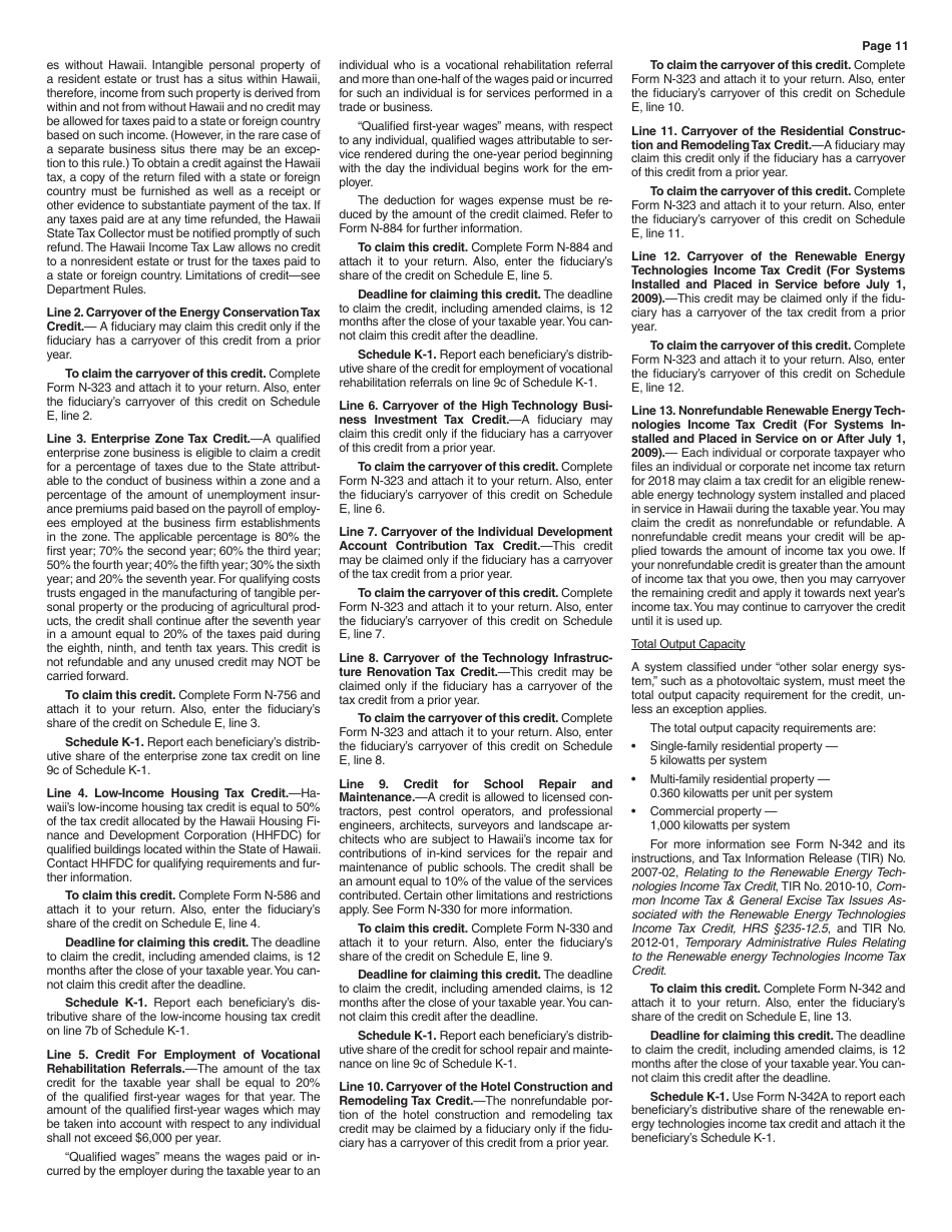 Instructions for Form N-40 Schedule A, B, C, D, E, F, G, J, K-1 Fiduciary Income Tax Return - Hawaii, Page 11