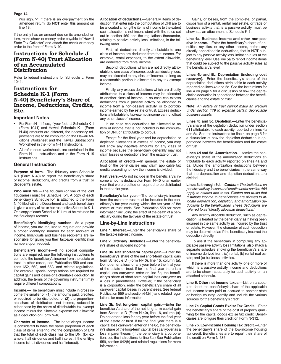Instructions for Form N-40 Schedule A, B, C, D, E, F, G, J, K-1 Fiduciary Income Tax Return - Hawaii, Page 14