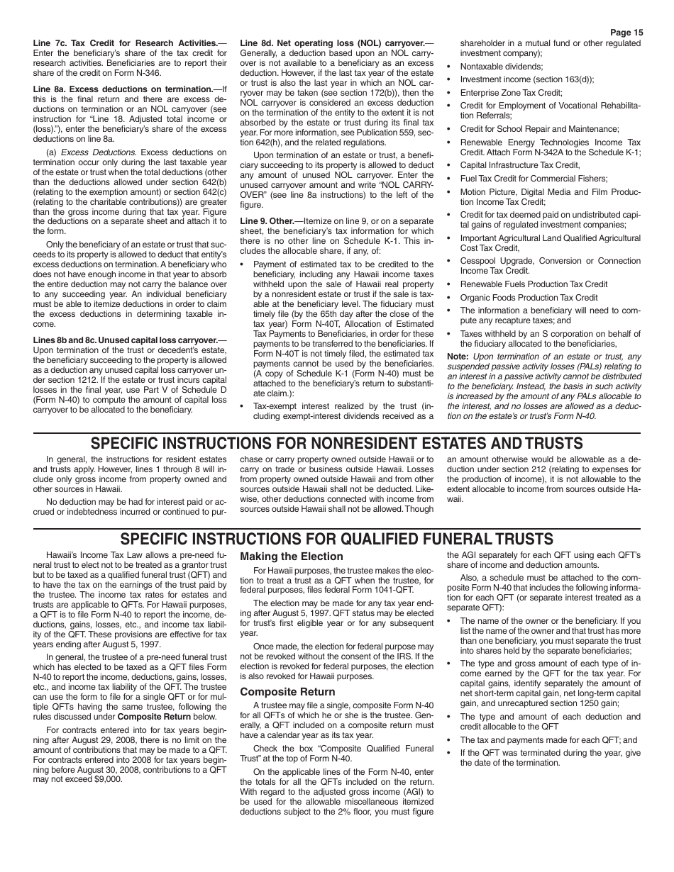 Instructions for Form N-40 Schedule A, B, C, D, E, F, G, J, K-1 Fiduciary Income Tax Return - Hawaii, Page 15