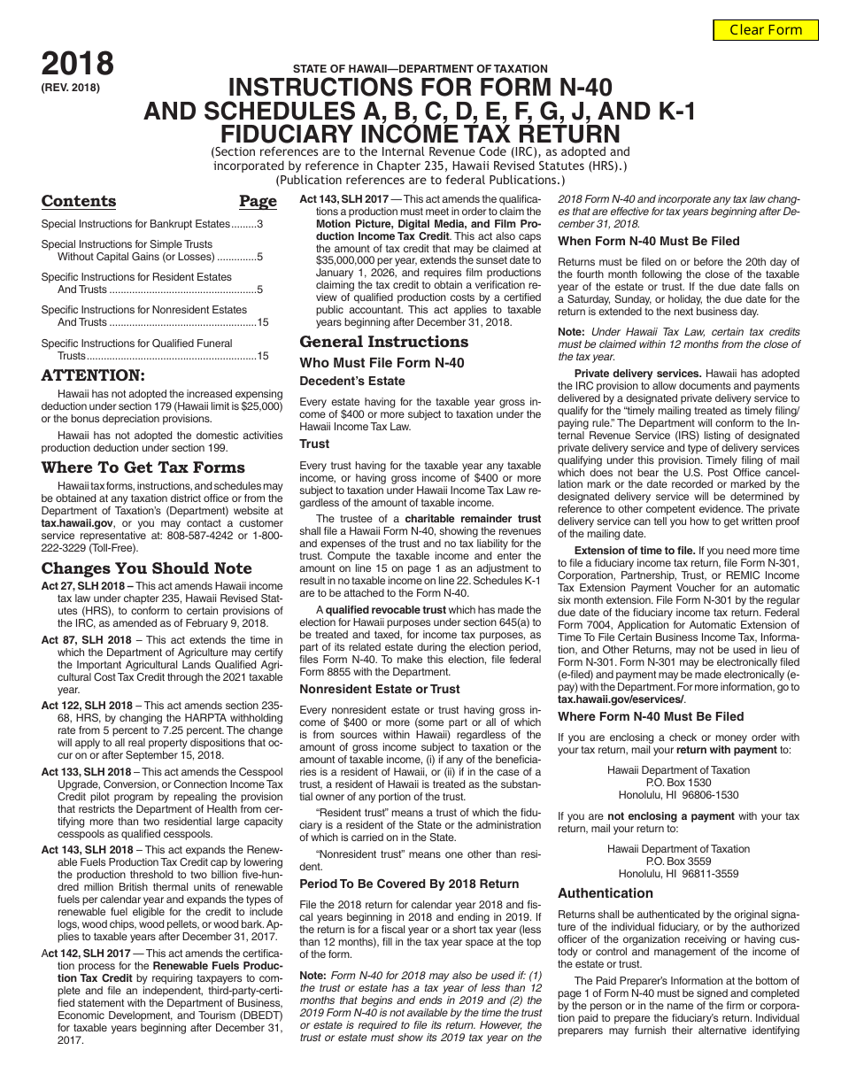 Instructions for Form N-40 Schedule A, B, C, D, E, F, G, J, K-1 Fiduciary Income Tax Return - Hawaii, Page 1