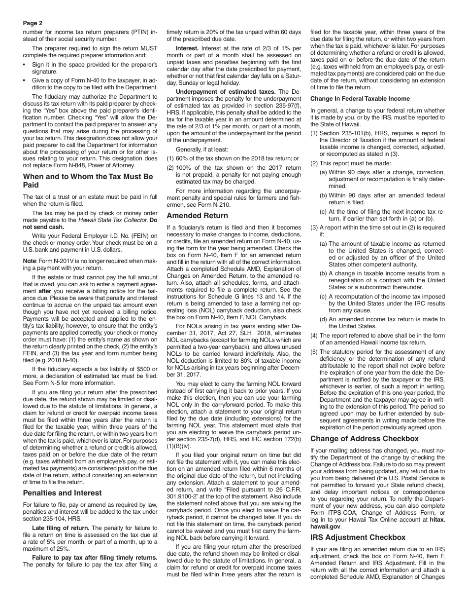 Instructions for Form N-40 Schedule A, B, C, D, E, F, G, J, K-1 Fiduciary Income Tax Return - Hawaii, Page 2