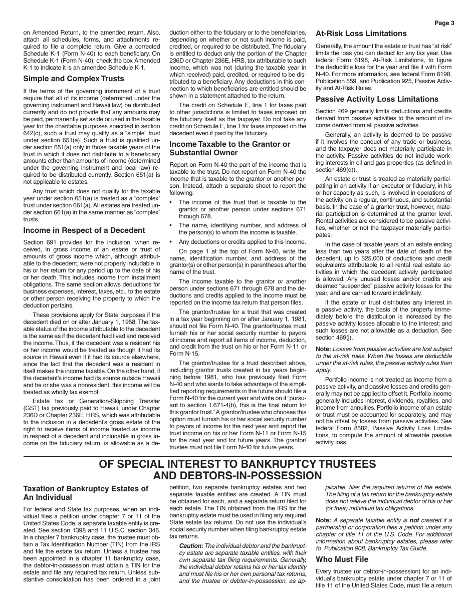 Instructions for Form N-40 Schedule A, B, C, D, E, F, G, J, K-1 Fiduciary Income Tax Return - Hawaii, Page 3