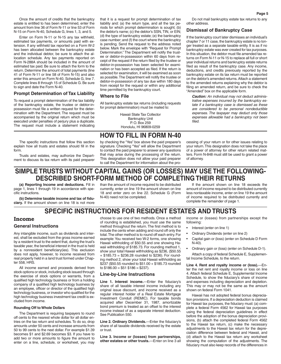 Instructions for Form N-40 Schedule A, B, C, D, E, F, G, J, K-1 Fiduciary Income Tax Return - Hawaii, Page 5