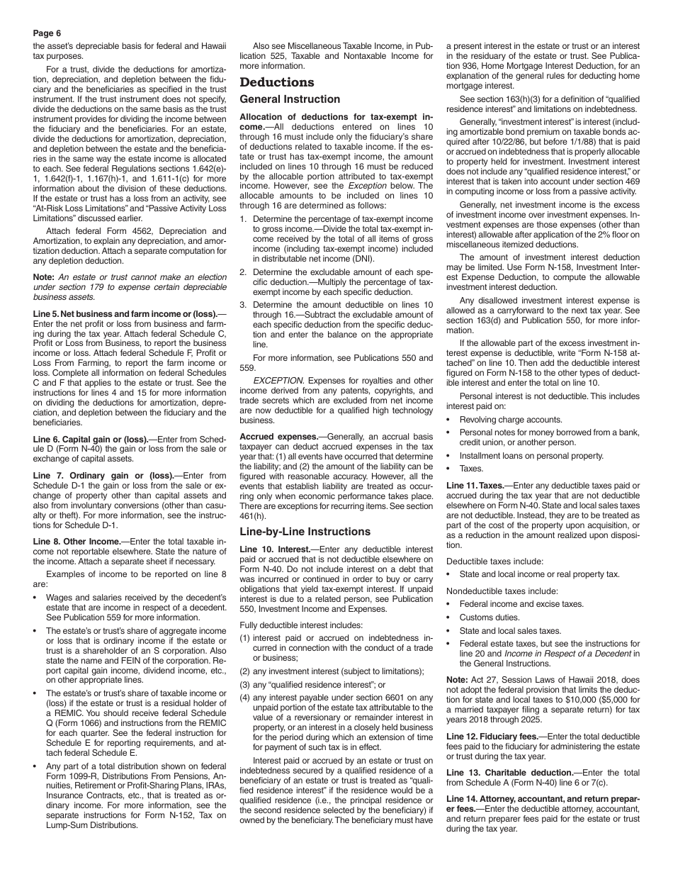 Instructions for Form N-40 Schedule A, B, C, D, E, F, G, J, K-1 Fiduciary Income Tax Return - Hawaii, Page 6