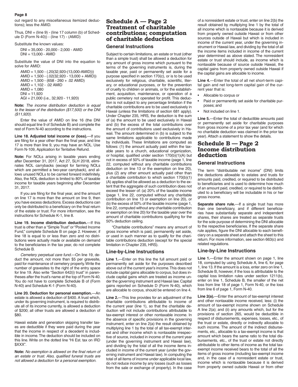 Instructions for Form N-40 Schedule A, B, C, D, E, F, G, J, K-1 Fiduciary Income Tax Return - Hawaii, Page 8