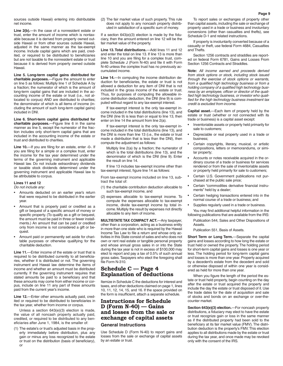 Instructions for Form N-40 Schedule A, B, C, D, E, F, G, J, K-1 Fiduciary Income Tax Return - Hawaii, Page 9