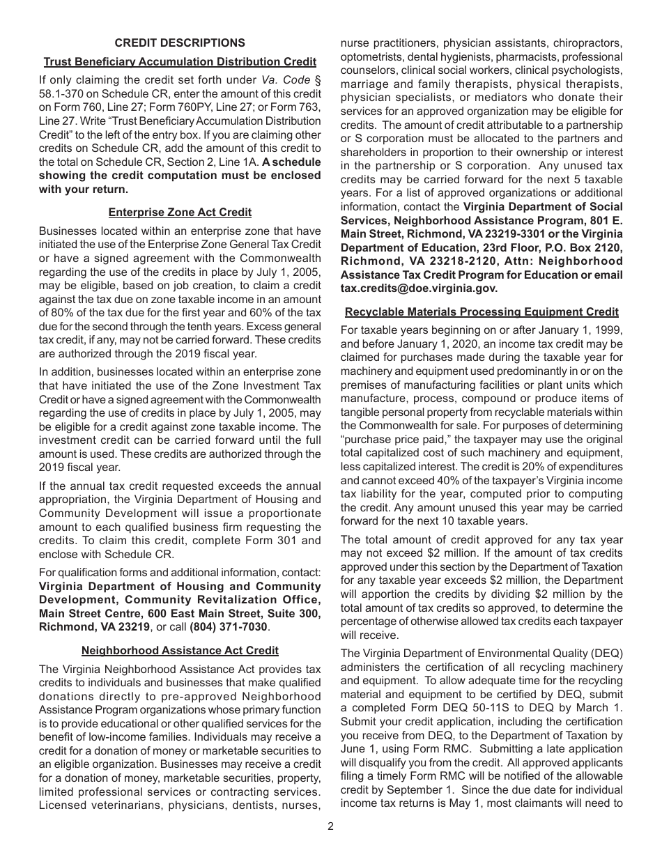 Instructions for Form 760, 760PY, 763, 765 Schedule CR Credit Computation Schedule - Virginia, Page 2