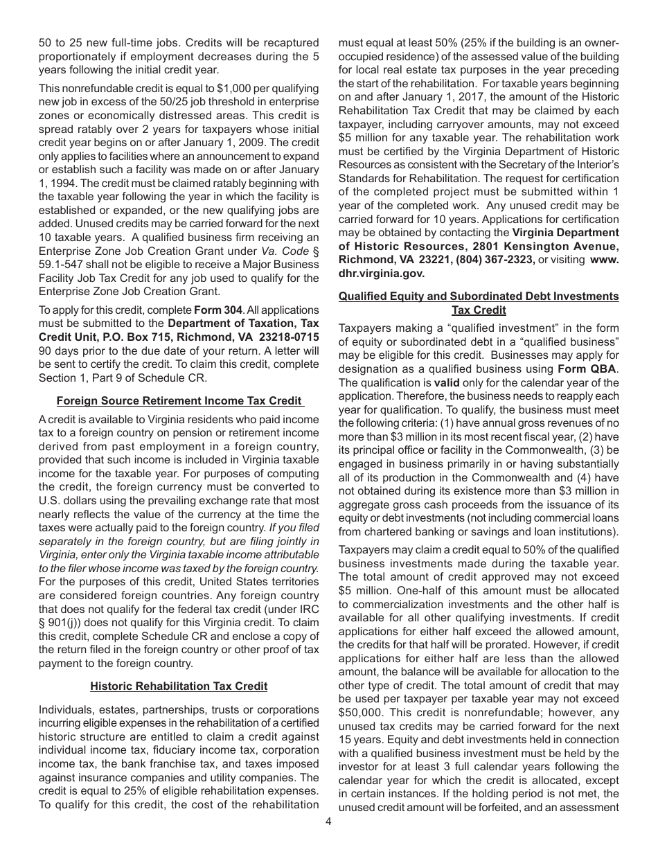 Instructions for Form 760, 760PY, 763, 765 Schedule CR Credit Computation Schedule - Virginia, Page 4