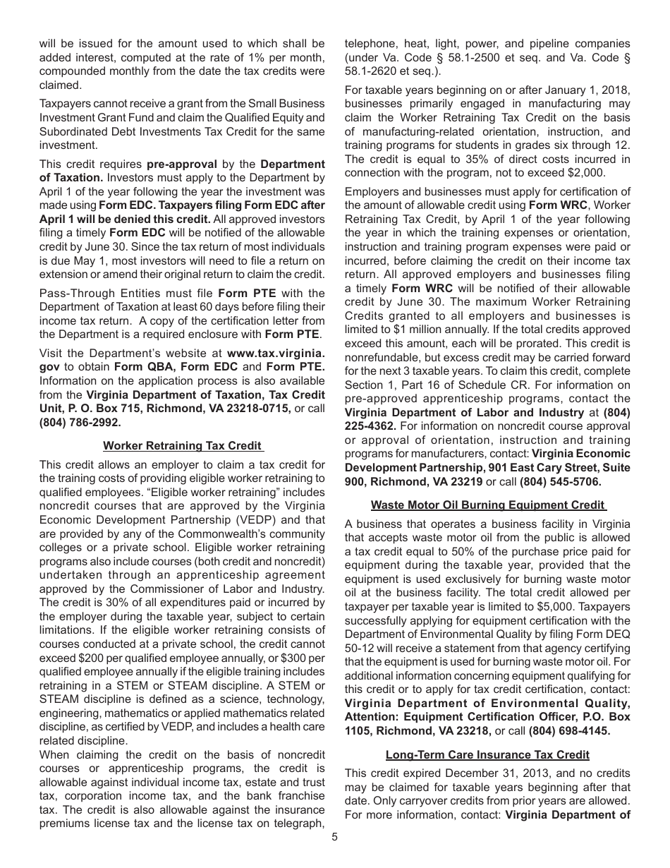 Instructions for Form 760, 760PY, 763, 765 Schedule CR Credit Computation Schedule - Virginia, Page 5