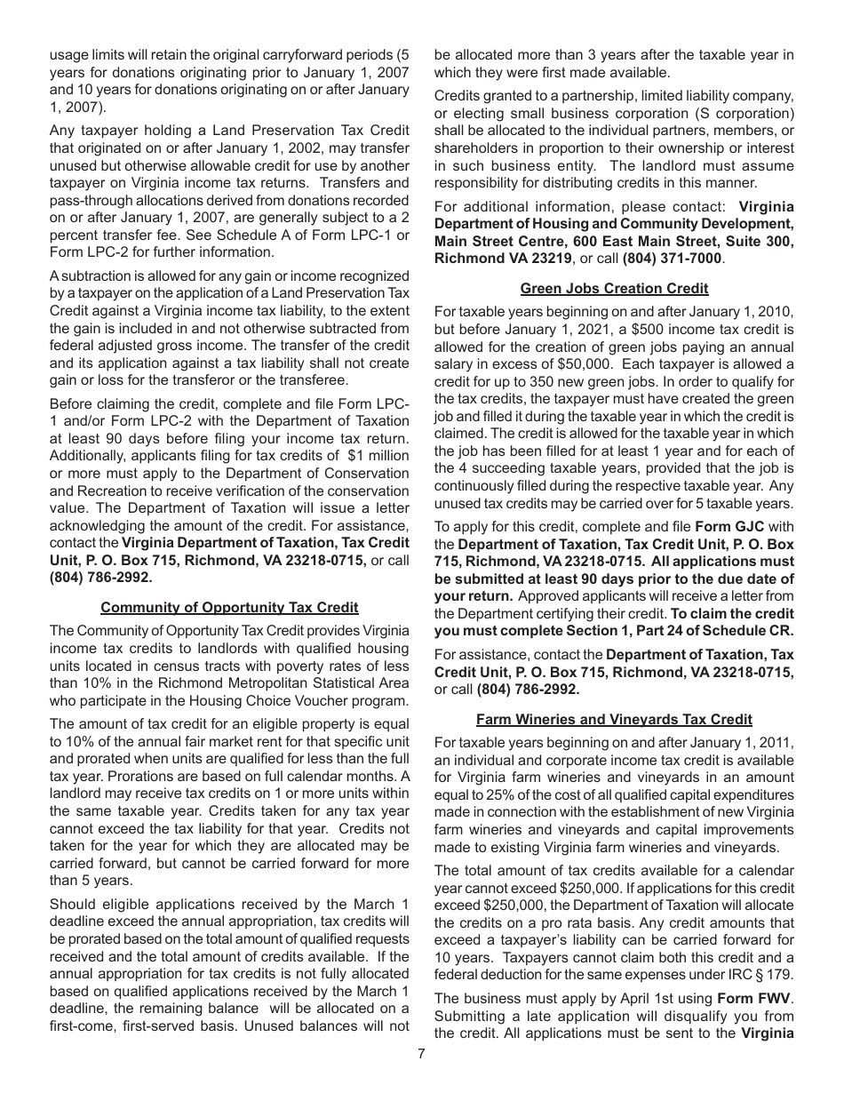 Instructions for Form 760, 760PY, 763, 765 Schedule CR Credit Computation Schedule - Virginia, Page 7