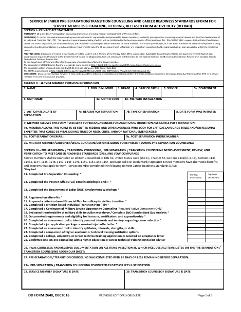 DD Form 2648  Printable Pdf