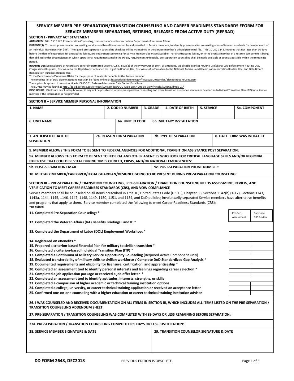 DD Form 2648 Service Member Pre-separation / Transition Counseling and Career Readiness Standards Eform for Service Members Separating, Retiring, Released From Active Duty (REFRAD), Page 1