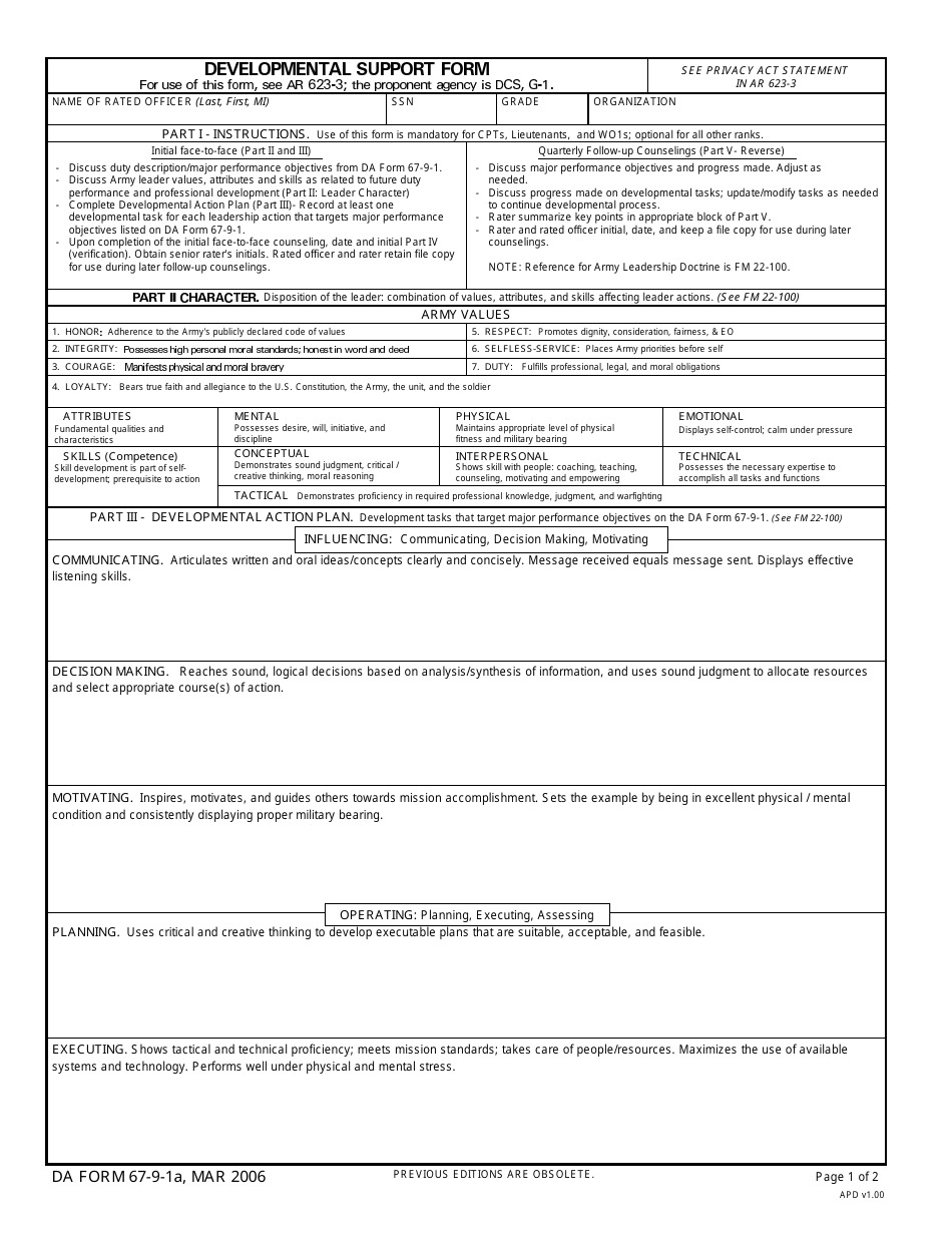 DA Form 67-9-1A Developmental Support Form, Page 1