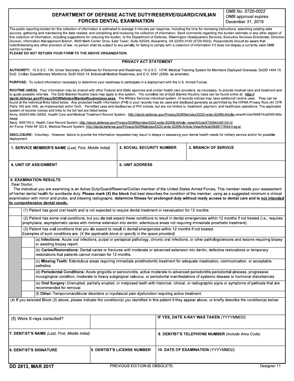 DD Form 2813 Department of Defense Active Duty / Reserve / Guard / Civilian Forces Dental Examination, Page 1