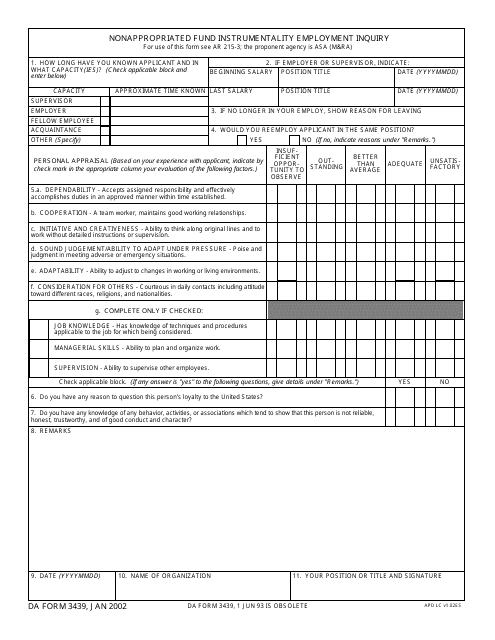 DA Form 3439  Printable Pdf