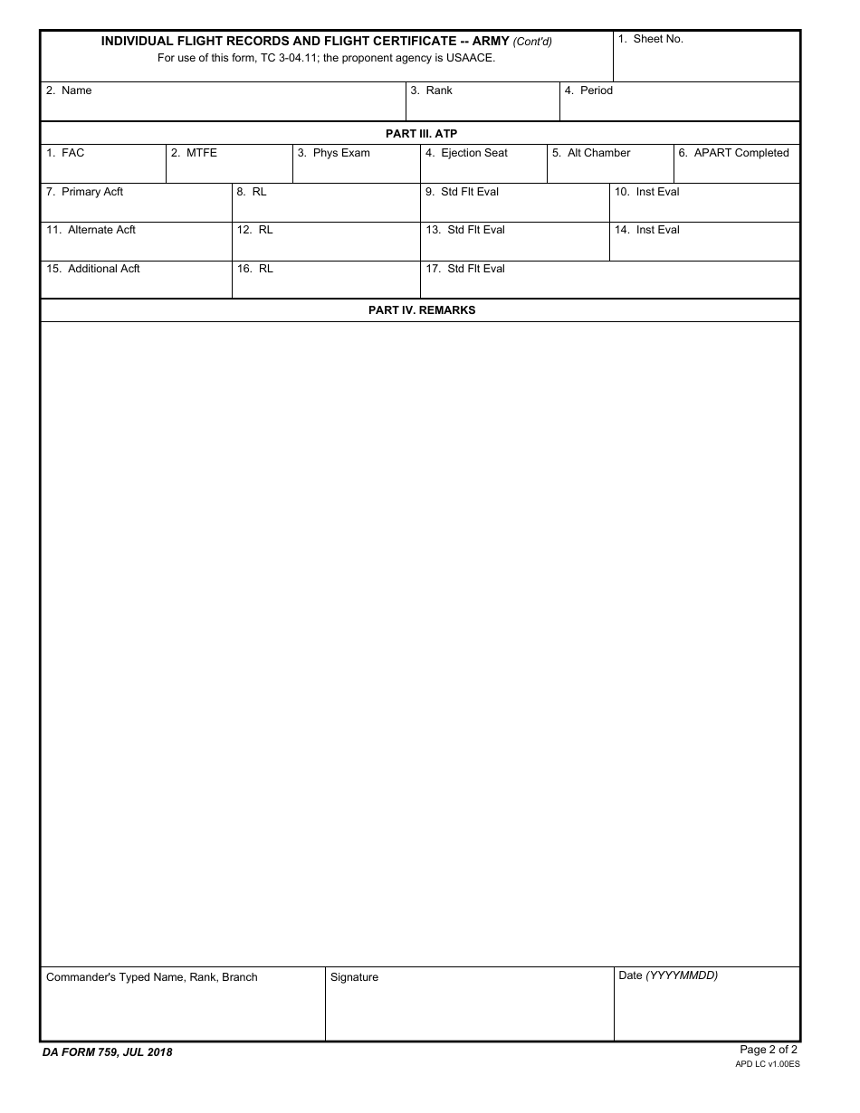 DA Form 759 Individual Flight Record and Flight Crew Certificate-Army (Flight Hours), Page 2