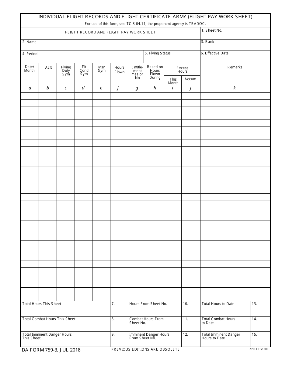 DA Form 759-3 Individual Flight Records and Flight Certificate-Army (Flight Pay Work Sheet), Page 1