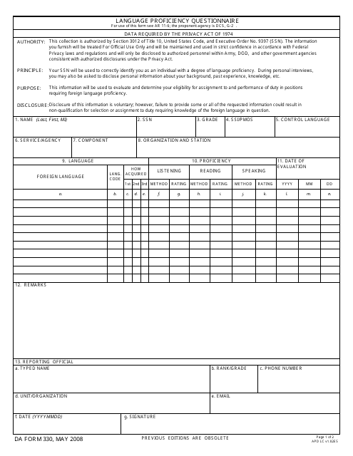 DA Form 330 Language Proficiency Questionnaire