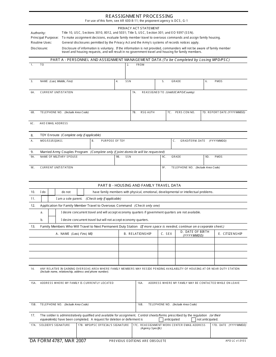 DA Form 4787 Reassignment Processing, Page 1