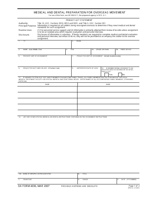 DA Form 4036  Printable Pdf