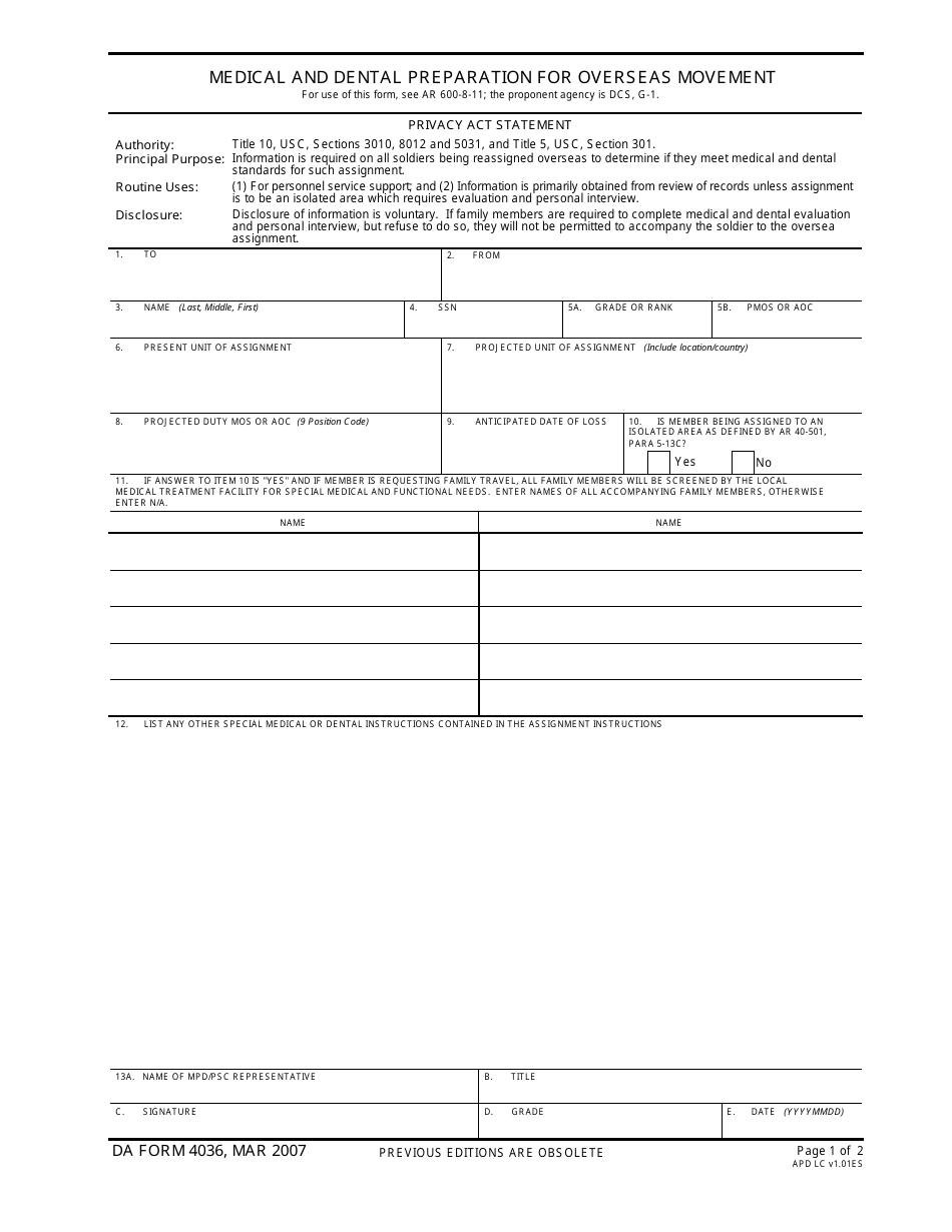 DA Form 4036 Medical and Dental Preparation for Overseas Movement, Page 1