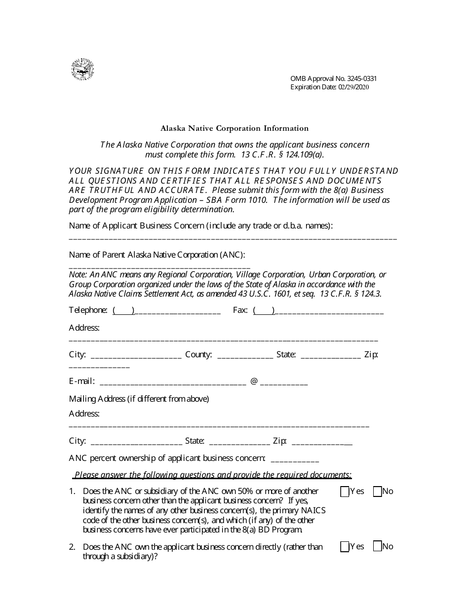 SBA Form 1010-ANC 8(A) Business Development (BD) Program Application Alaskan Native Corporation-Owned Concern, Page 1
