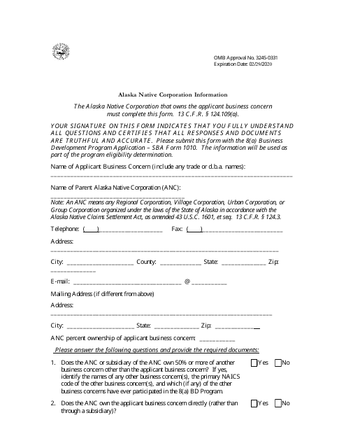 SBA Form 1010-ANC 8(A) Business Development (BD) Program Application Alaskan Native Corporation-Owned Concern