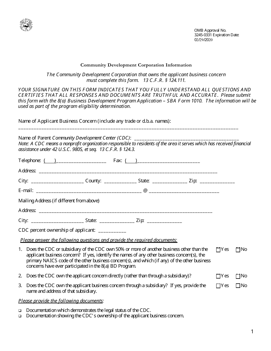 SBA Form 1010-CDC 8(A) Business Development (BD) Program Application Alaskan Native Corporation-Owned Concern, Page 1