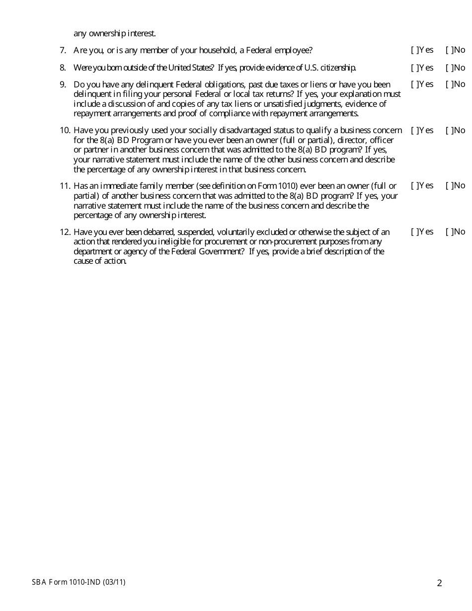 SBA Form 1010-IND 8(A) Business Development (BD) Program Application Individual Information, Page 2