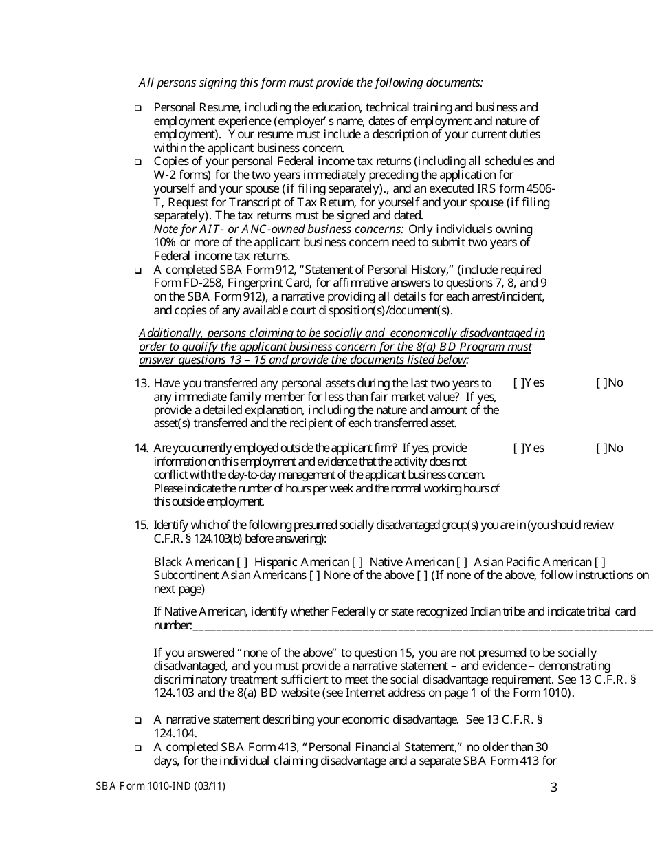 SBA Form 1010-IND 8(A) Business Development (BD) Program Application Individual Information, Page 3