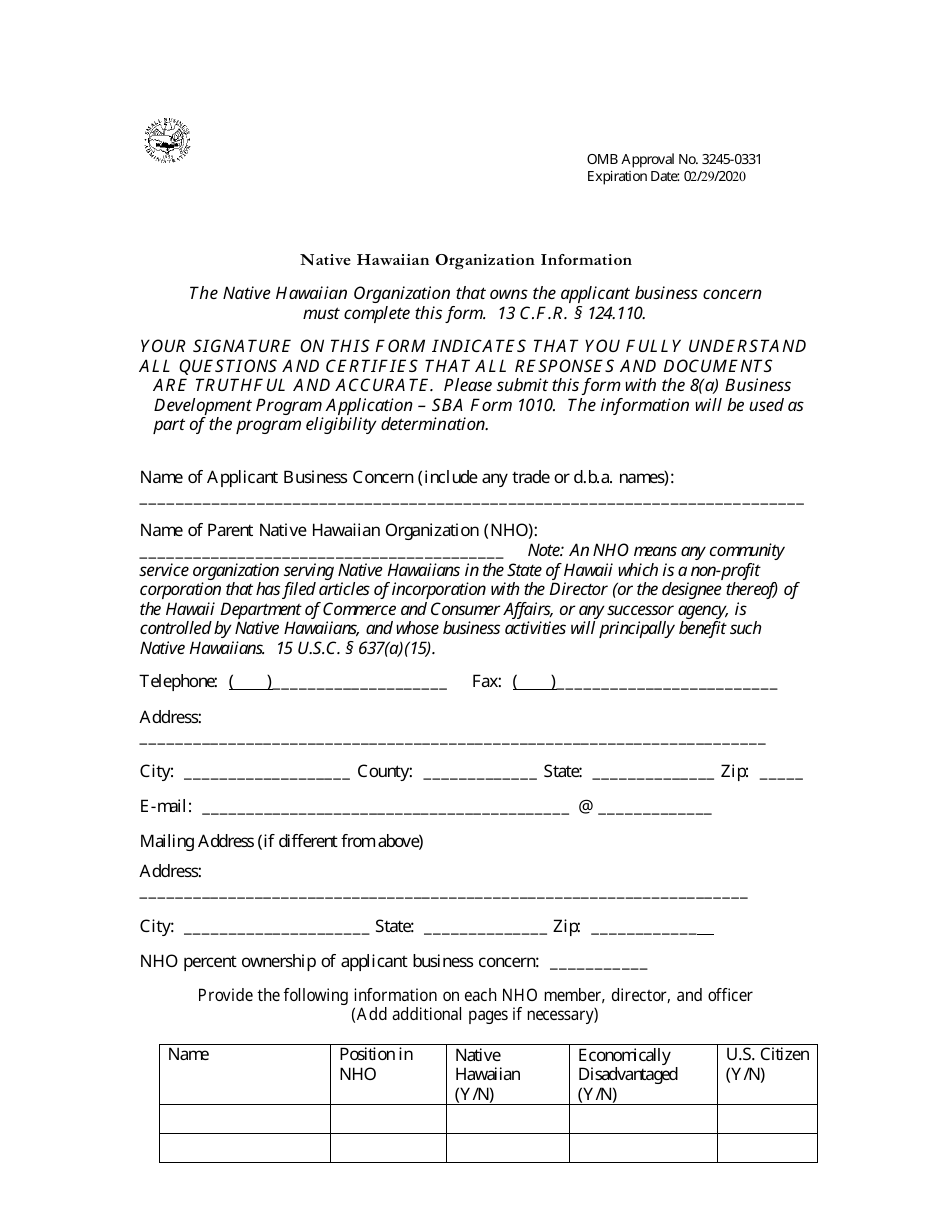 SBA Form 1010-NHO 8(A) Business Development (BD) Program Application Native Hawaiian Organization-Owned Concern, Page 1