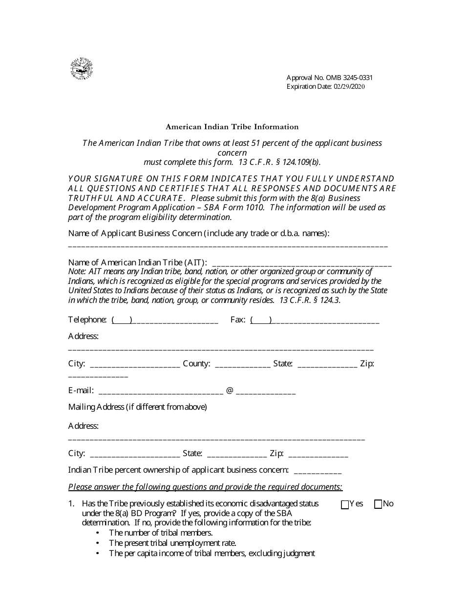 SBA Form 1010-AIT 8(A) Business Development (BD) Program Application American Indian - Tribally-Owned Concern, Page 1
