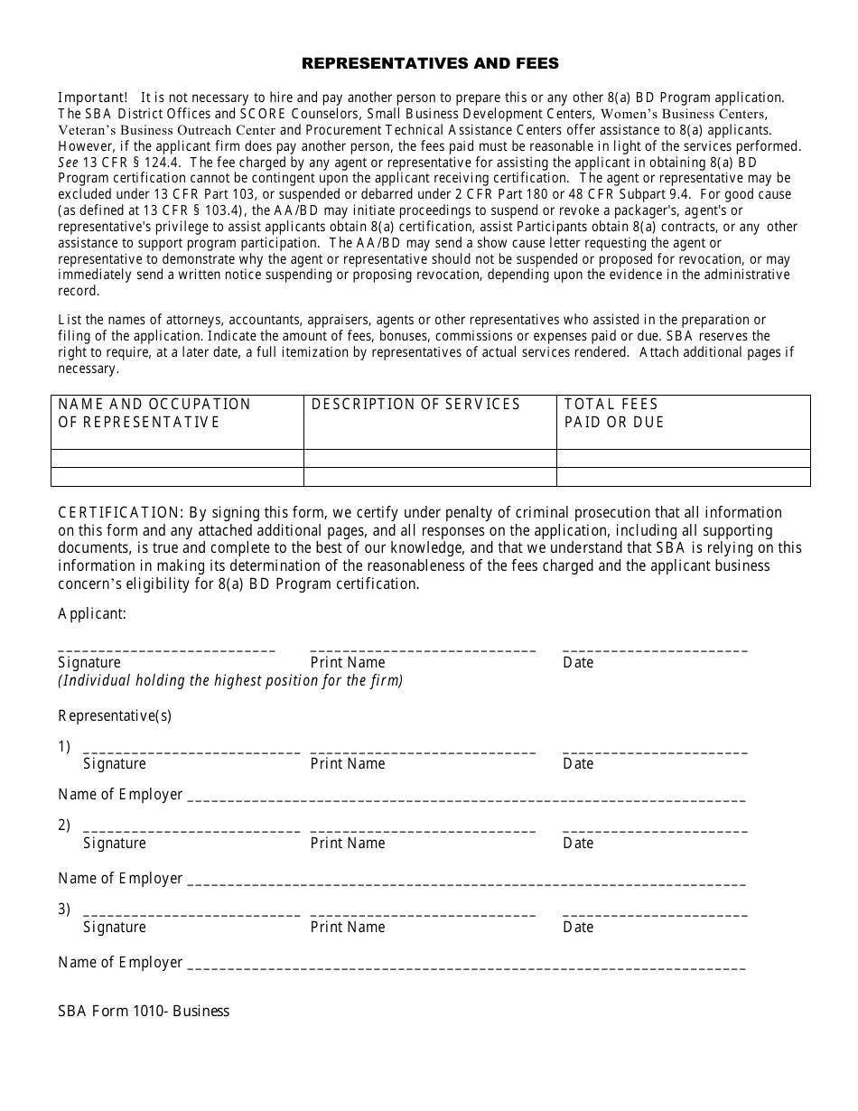 SBA Form 1010 Representative Form 1010 Business, Page 1