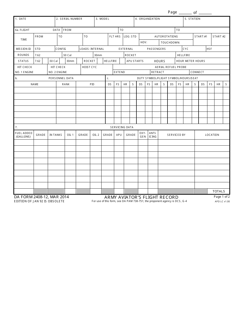 DA Form 2408-12 Army Aviators Flight Record, Page 1