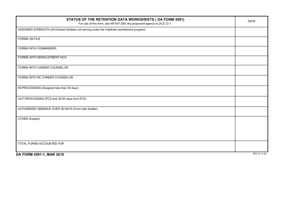 DA Form 4591-1 Status of the Retention Data Worksheets, Page 1