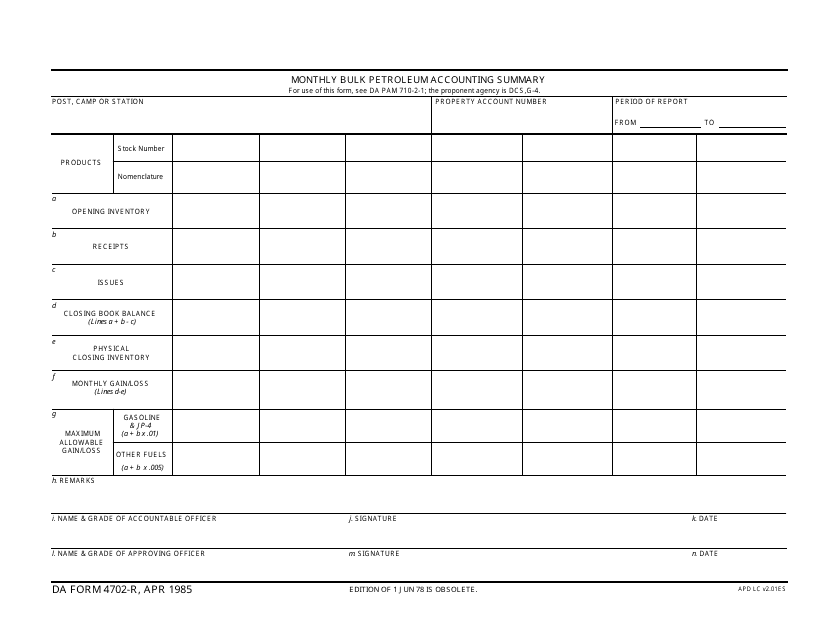 DA Form 4702-R Monthly Bulk Petroleum Accounting Summary