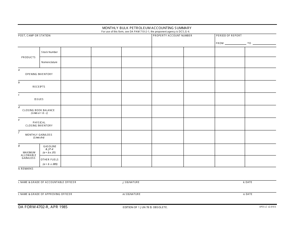 DA Form 4702-R Monthly Bulk Petroleum Accounting Summary, Page 1