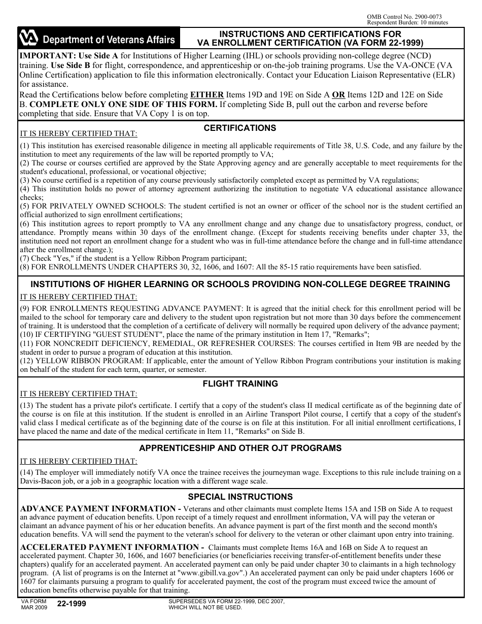 VA Form 22-1999 VA Enrollment Certification, Page 1