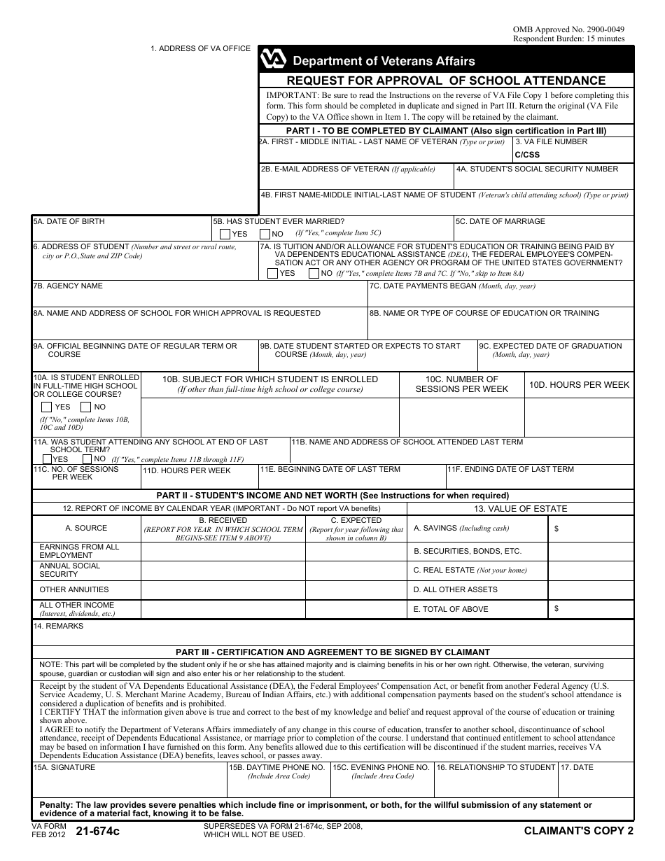 VA Form 21-674C Request for Approval of School Attendance, Page 4