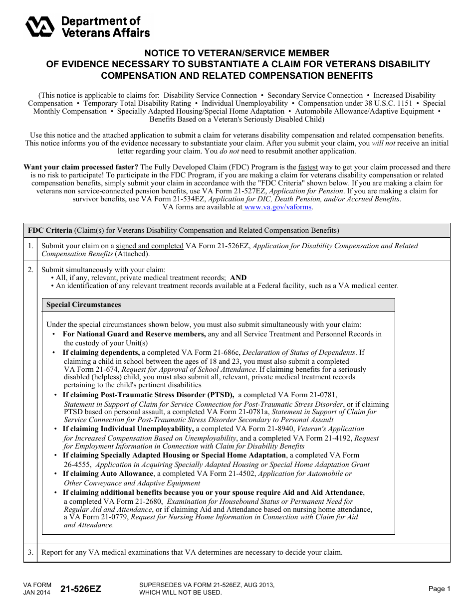 VA Form 21-526EZ Application for Disability Compensation and Related Compensation Benefits, Page 1