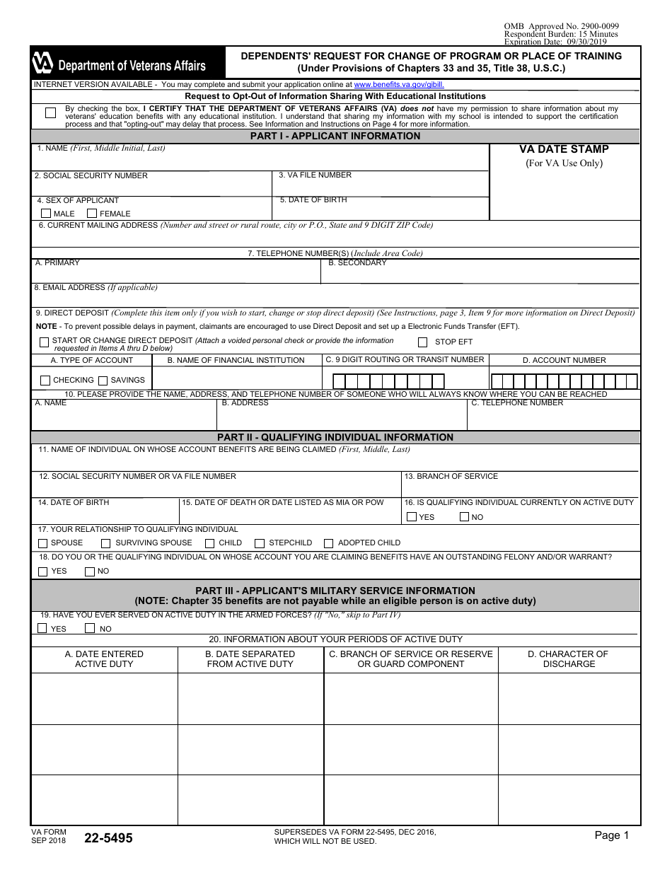 VA Form 22-5495 Dependents Request for Change of Program or Place of Training (Under Provisions of Chapters 33 and 35, Title 38, U.s.c.), Page 1