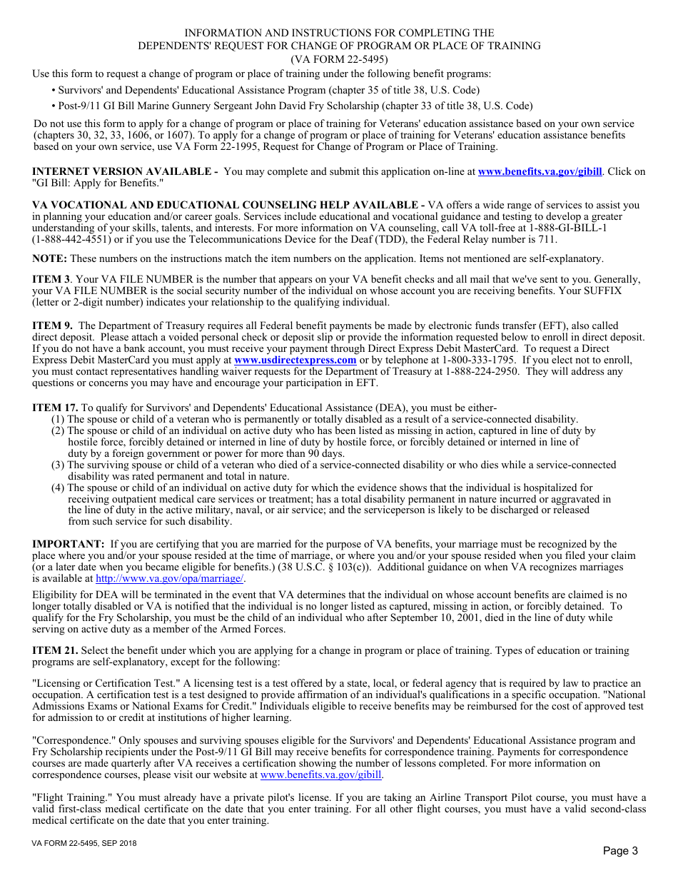VA Form 22-5495 Dependents Request for Change of Program or Place of Training (Under Provisions of Chapters 33 and 35, Title 38, U.s.c.), Page 3