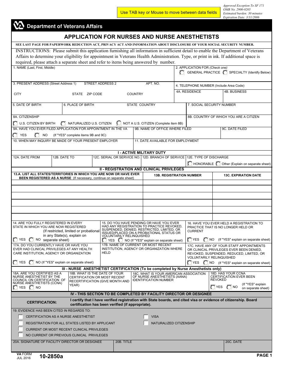 VA Form 10-2850a Application for Nurses and Nurse Anesthetists, Page 1