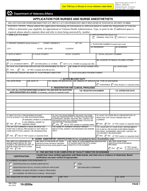 VA Form 10-2850a  Printable Pdf