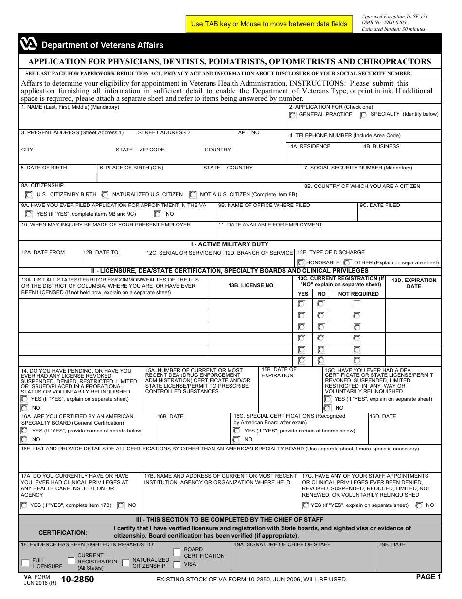 VA Form 10-2850 Application for Physicians, Dentists, Podiatrists, Optometrists and Chiropractors, Page 1