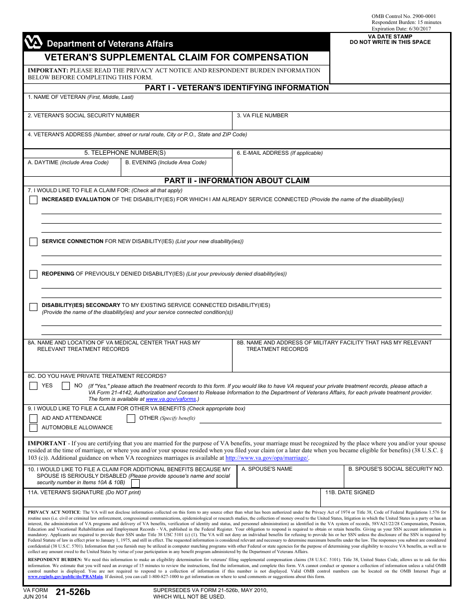 VA Form 21-526B Veteran's Supplemental Claim for Compensation, Page 1